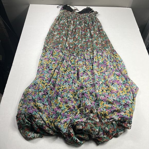 Miss Me Silk Maxi Dress M Boho Cottagecore Ruffle Spaghetti Strap Floral Flowy - Picture 9 of 10